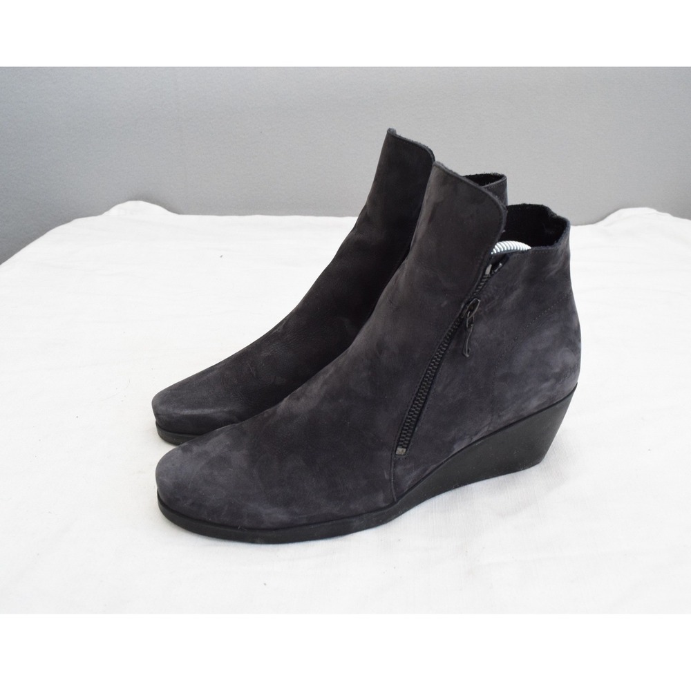 Arche Jolia 41 Black Nubuck Leather Wedge Ankle Boots Side Zip Wedge Luxury